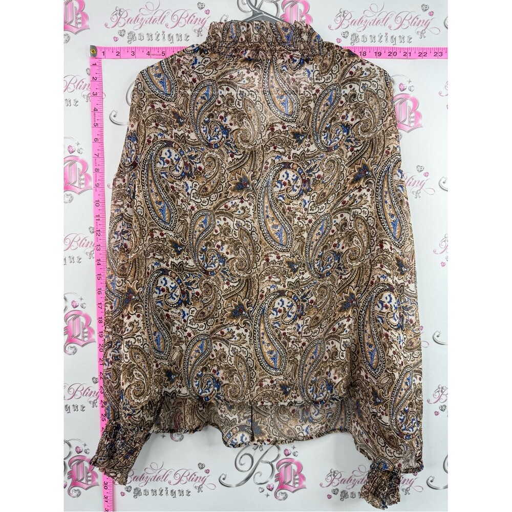 Zara blouse long sleeves tassels Beige Paisley Blouse with Blue & Brown Accents - Picture 2 of 12